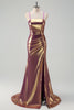 Load image into Gallery viewer, Metallic Golden Mermaid Spaghetti Straps Long Prom Dress with Slit