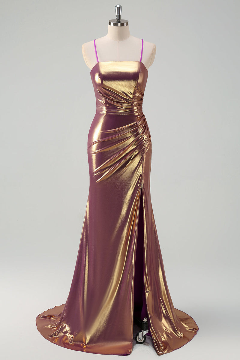 Load image into Gallery viewer, Metallic Golden Mermaid Spaghetti Straps Long Prom Dress with Slit