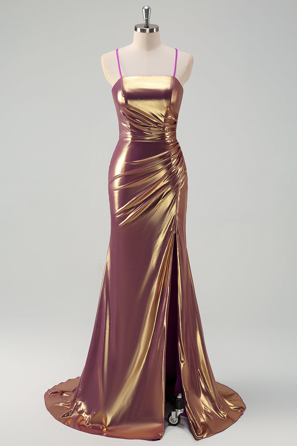 Metallic Golden Mermaid Spaghetti Straps Long Prom Dress with Slit