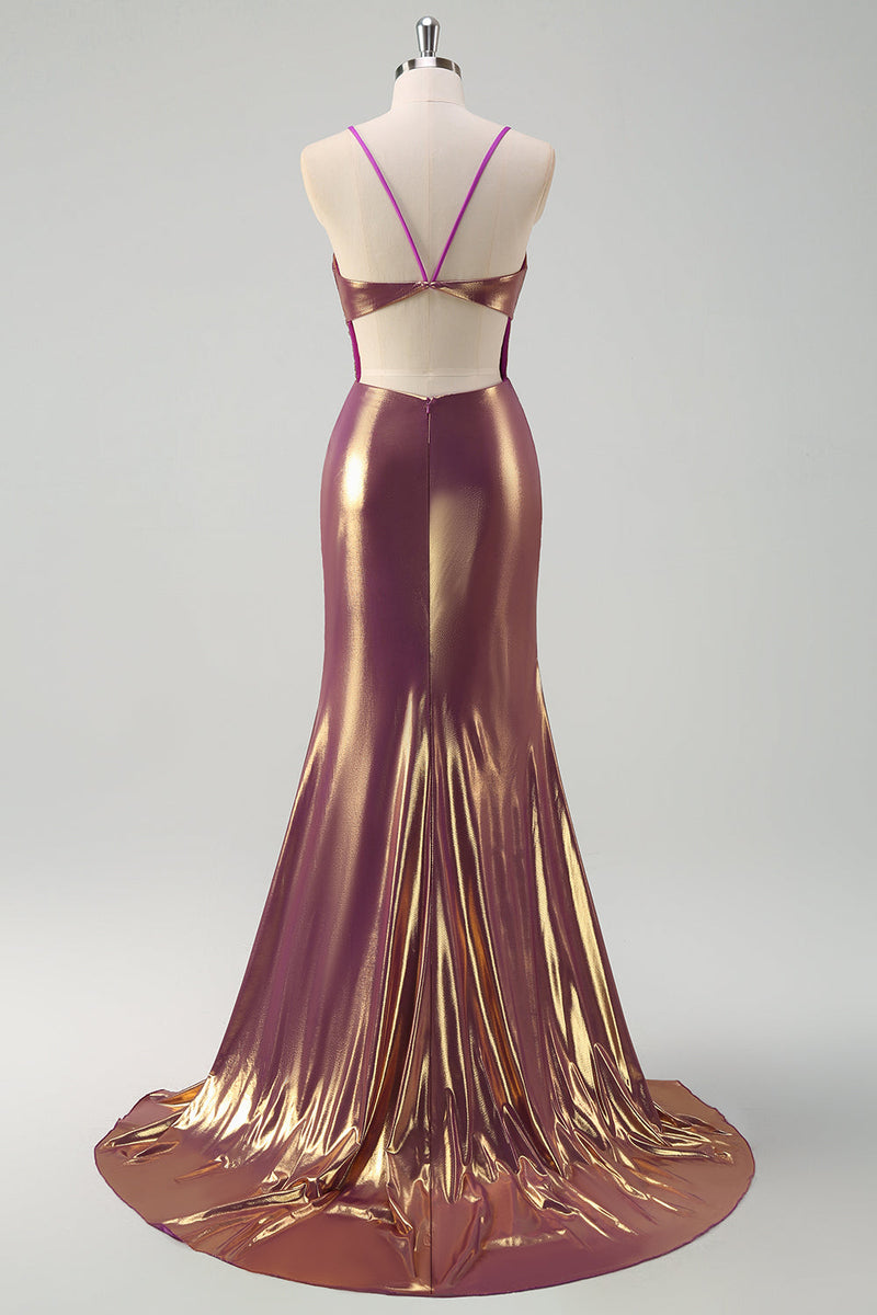 Load image into Gallery viewer, Metallic Golden Mermaid Spaghetti Straps Long Prom Dress with Slit