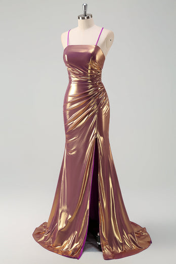 Metallic Golden Mermaid Spaghetti Straps Long Prom Dress with Slit