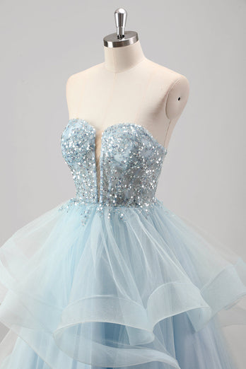 Strapless Sparkly Sequins A Line Pleated Prom Dress