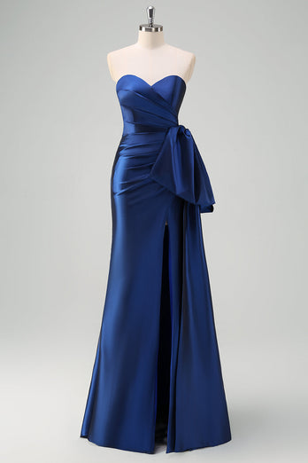 Dark Blue Strapless Ruched Long Prom Dress with Draped Bow Accent