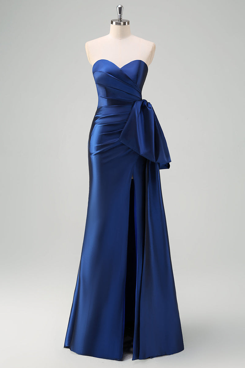 Load image into Gallery viewer, Dark Blue Strapless Ruched Long Prom Dress with Draped Bow Accent