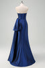 Load image into Gallery viewer, Dark Blue Strapless Ruched Long Prom Dress with Draped Bow Accent