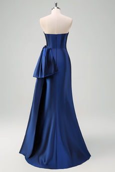 Dark Blue Strapless Ruched Long Prom Dress with Draped Bow Accent