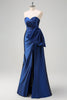 Load image into Gallery viewer, Dark Blue Strapless Ruched Long Prom Dress with Draped Bow Accent