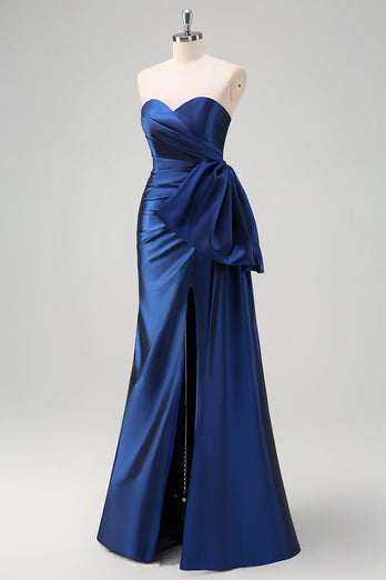 Dark Blue Strapless Ruched Long Prom Dress with Draped Bow Accent