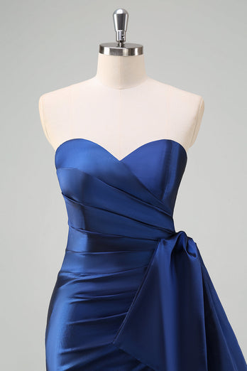 Dark Blue Strapless Ruched Long Prom Dress with Draped Bow Accent