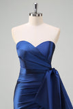 Dark Blue Strapless Ruched Long Prom Dress with Draped Bow Accent