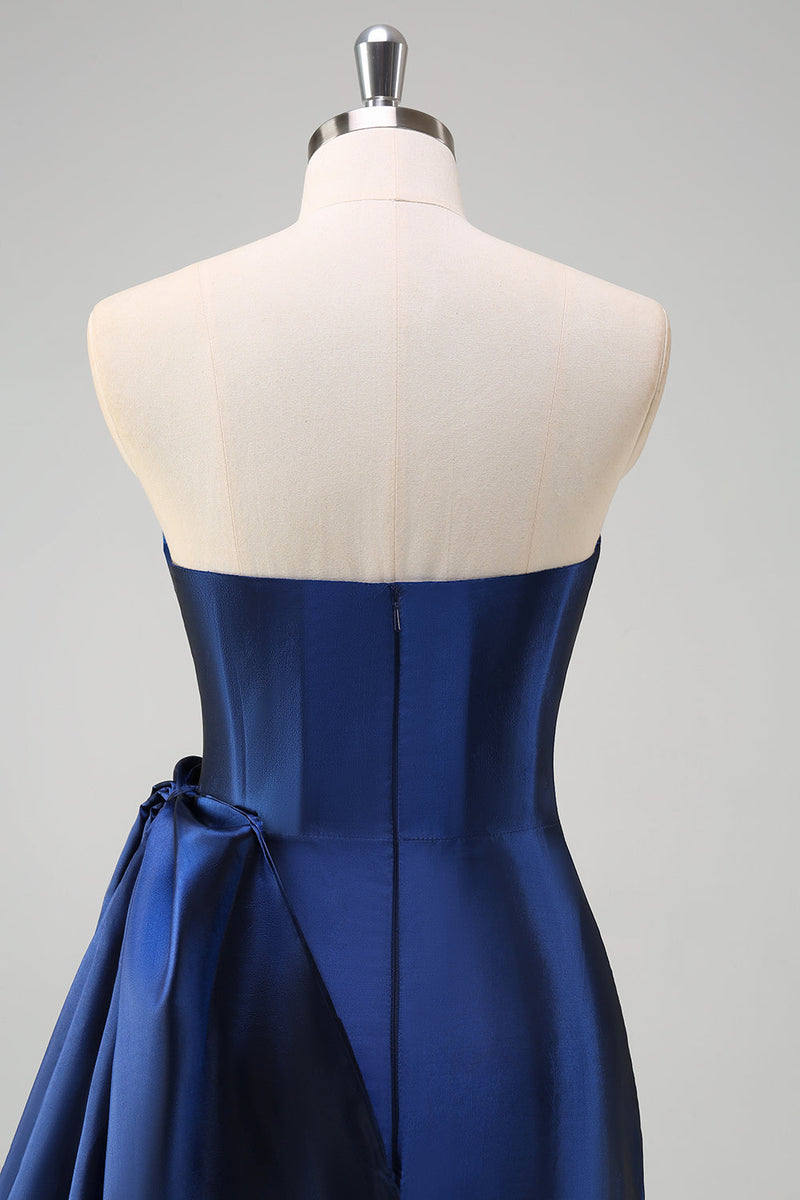 Load image into Gallery viewer, Dark Blue Strapless Ruched Long Prom Dress with Draped Bow Accent