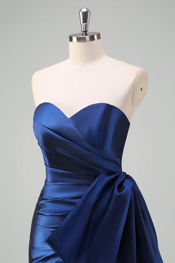 Dark Blue Strapless Ruched Long Prom Dress with Draped Bow Accent