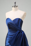 Dark Blue Strapless Ruched Long Prom Dress with Draped Bow Accent