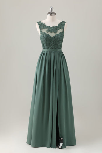 Eucalyptus A-Line Lace Long Bridesmaid Dress with Slit