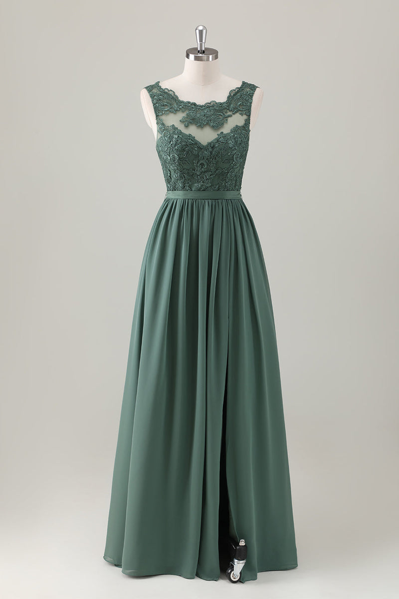 Load image into Gallery viewer, Eucalyptus A-Line Lace Long Bridesmaid Dress with Slit