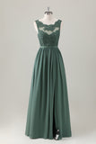 Eucalyptus A Line Lace Long Bridesmaid Dress with Slit