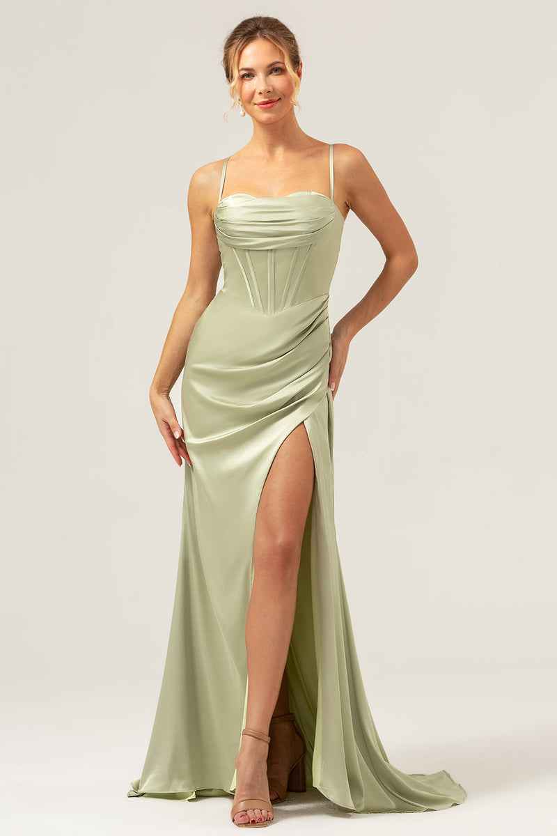 Load image into Gallery viewer, Sage Mermaid Spaghetti Straps Corset Satin Bridesmaid Dress with Slit