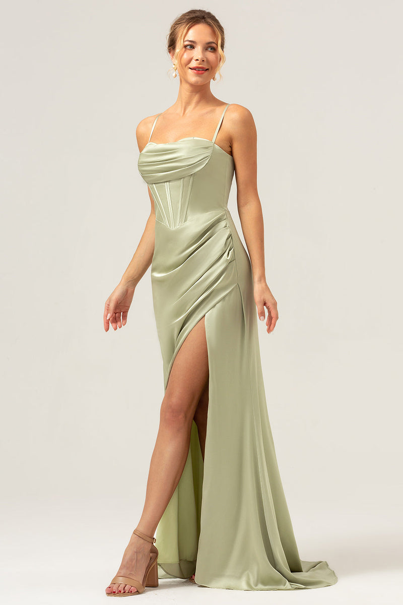 Load image into Gallery viewer, Sage Mermaid Spaghetti Straps Corset Satin Bridesmaid Dress with Slit