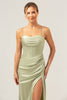 Load image into Gallery viewer, Sage Mermaid Spaghetti Straps Corset Satin Bridesmaid Dress with Slit