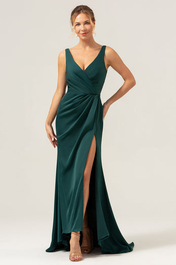 Dark Green Sheath V Neck Ruched High-Low Bridesmaid Dress with Slit