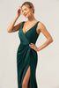 Load image into Gallery viewer, Dark Green Sheath V Neck Ruched High-Low Bridesmaid Dress with Slit