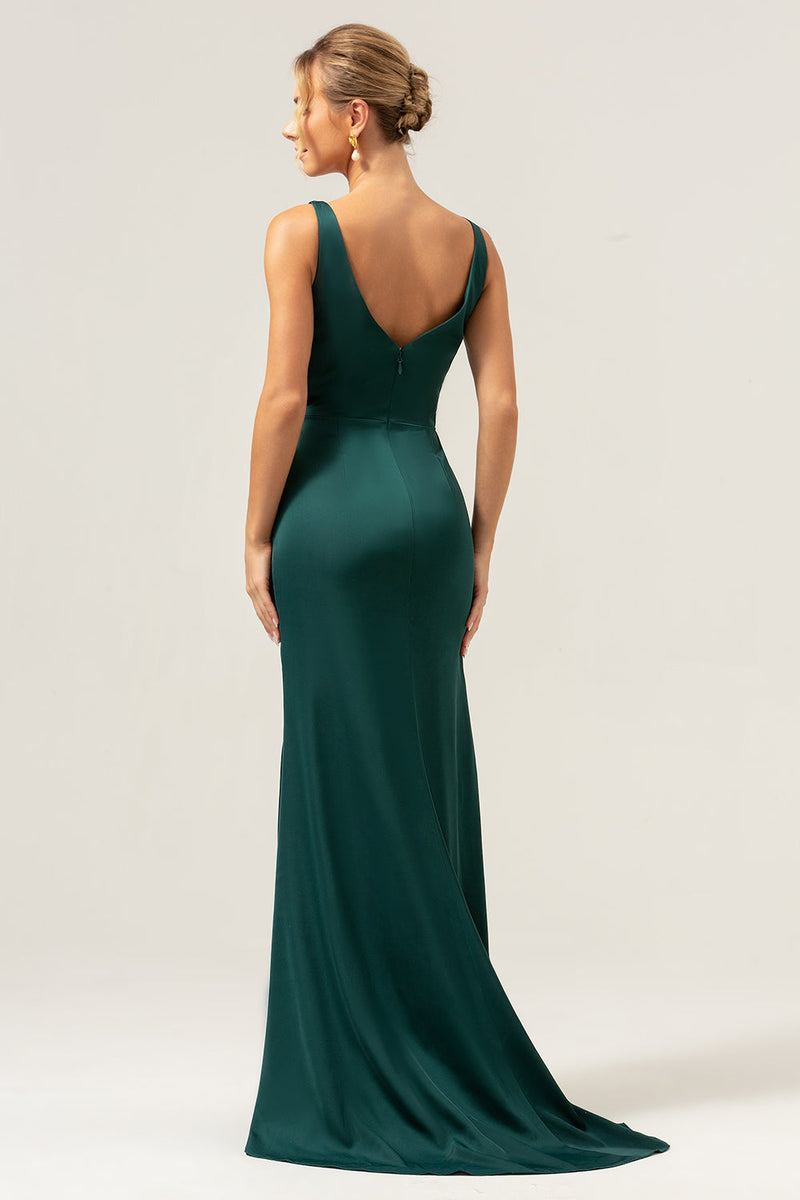 Load image into Gallery viewer, Dark Green Sheath V Neck Ruched High-Low Bridesmaid Dress with Slit