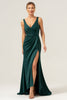 Load image into Gallery viewer, Dark Green Sheath V Neck Ruched High-Low Bridesmaid Dress with Slit