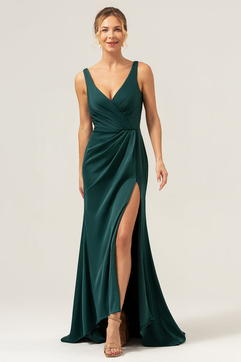 Load image into Gallery viewer, Dark Green Sheath V Neck Ruched High-Low Bridesmaid Dress with Slit