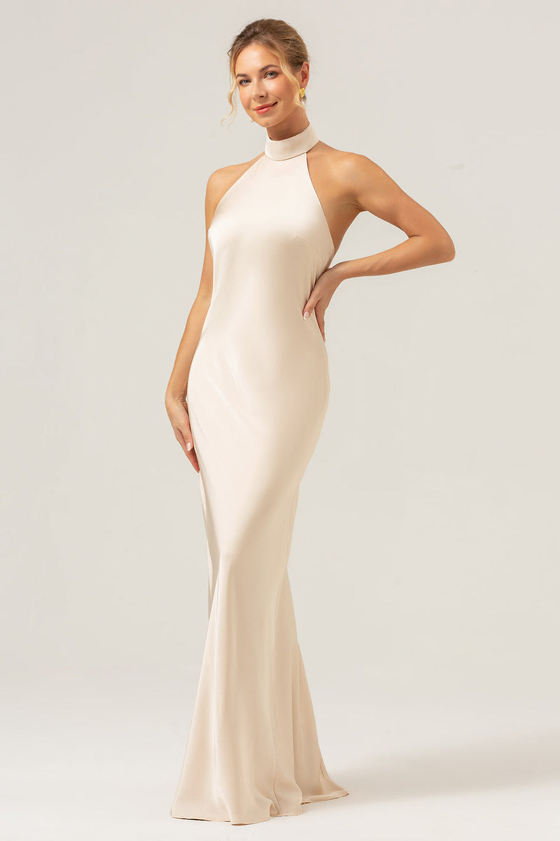 Load image into Gallery viewer, Champagne Sheath Halter Long Bridesmaid Dress With Slit