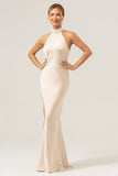 Champagne Halter Sheath Bridesmaid Dress with Slit