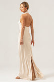 Champagne Halter Sheath Bridesmaid Dress with Slit