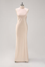 Champagne Halter Sheath Bridesmaid Dress with Slit
