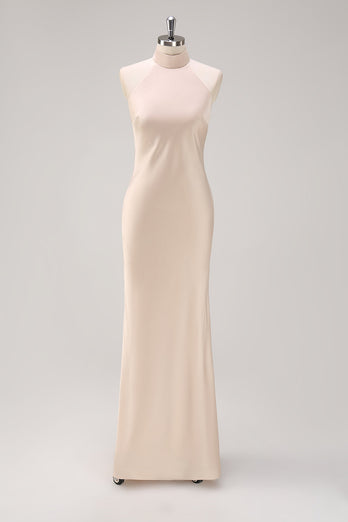 Champagne Sheath Halter Long Bridesmaid Dress With Slit