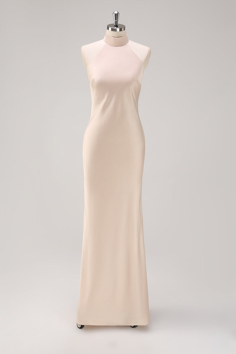 Load image into Gallery viewer, Champagne Halter Mermaid Bridesmaid Dress with Slit