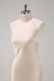 Champagne Halter Sheath Bridesmaid Dress with Slit