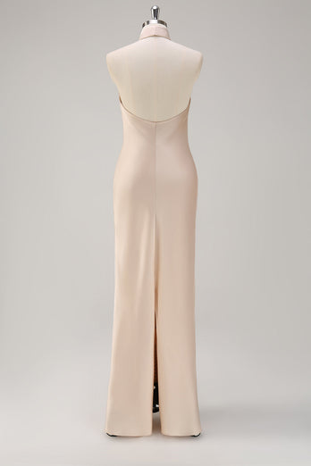 Champagne Sheath Halter Long Bridesmaid Dress With Slit