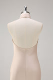 Champagne Halter Sheath Bridesmaid Dress with Slit