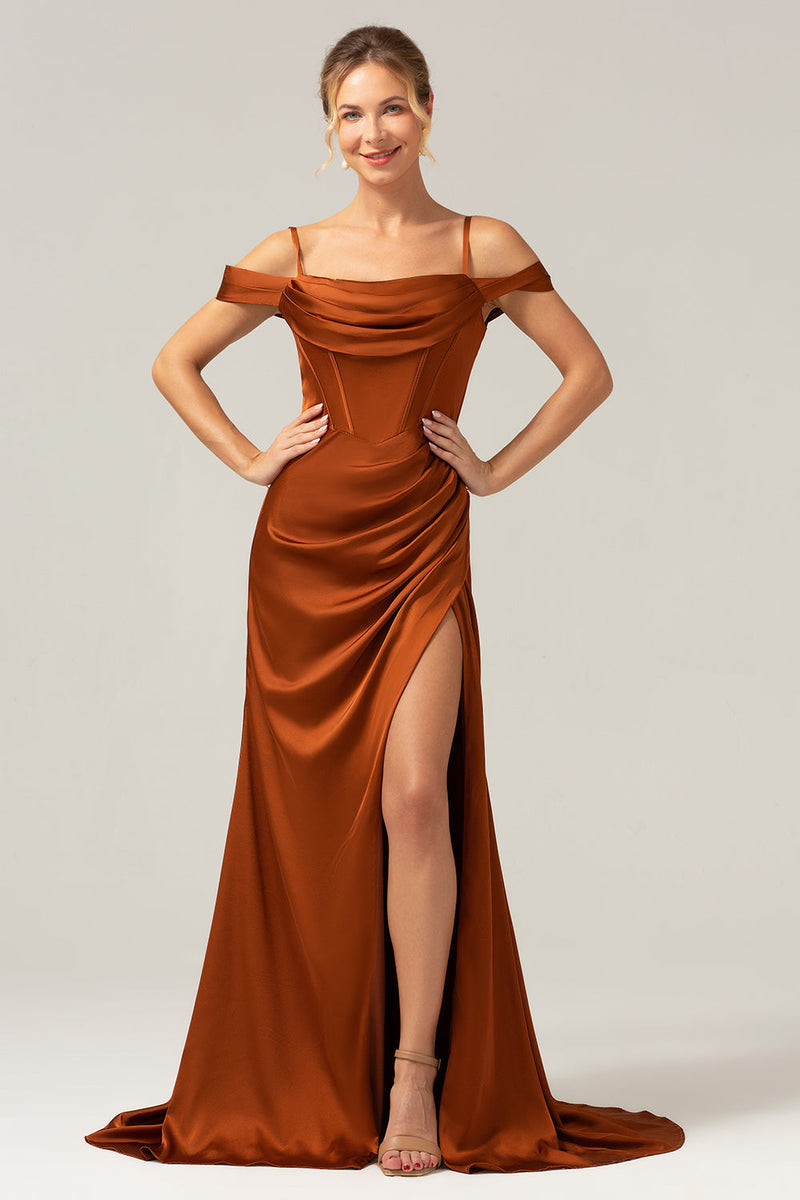 Load image into Gallery viewer, Coffee Mermaid Cold Shoulder Ruched Corset Long Bridesmaid Dress with Slit