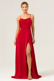 Dark Red A Line Spaghetti Straps Backless Satin Long Bridesmaid Dress with Slit