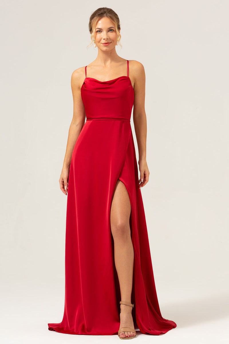 Load image into Gallery viewer, Burgundy A Line Spaghetti Straps Backless Satin Long Bridesmaid Dress with Slit