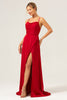 Load image into Gallery viewer, Burgundy A Line Spaghetti Straps Backless Satin Long Bridesmaid Dress with Slit