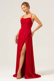 Dark Red A Line Spaghetti Straps Backless Satin Long Bridesmaid Dress with Slit