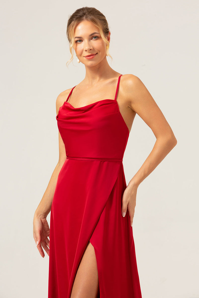 Load image into Gallery viewer, Burgundy A Line Spaghetti Straps Backless Satin Long Bridesmaid Dress with Slit