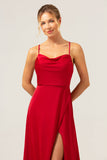 Dark Red A Line Spaghetti Straps Backless Satin Long Bridesmaid Dress with Slit