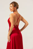 Dark Red A Line Spaghetti Straps Backless Satin Long Bridesmaid Dress with Slit