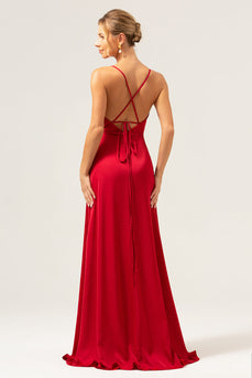 Dark Red A Line Spaghetti Straps Backless Satin Long Bridesmaid Dress with Slit