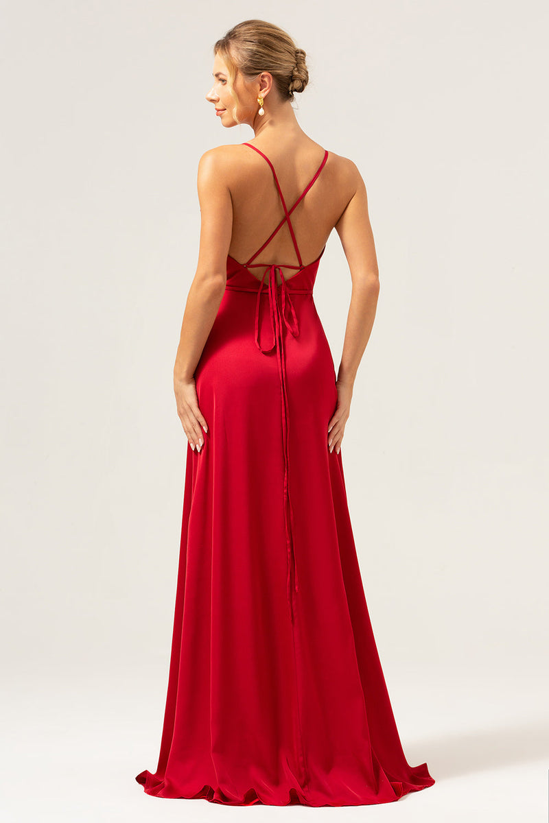 Load image into Gallery viewer, Burgundy A Line Spaghetti Straps Backless Satin Long Bridesmaid Dress with Slit