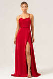 Dark Red Spaghetti Straps A Line Bridesmaid Dress with Slit