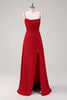 Load image into Gallery viewer, Burgundy A Line Spaghetti Straps Backless Satin Long Bridesmaid Dress with Slit