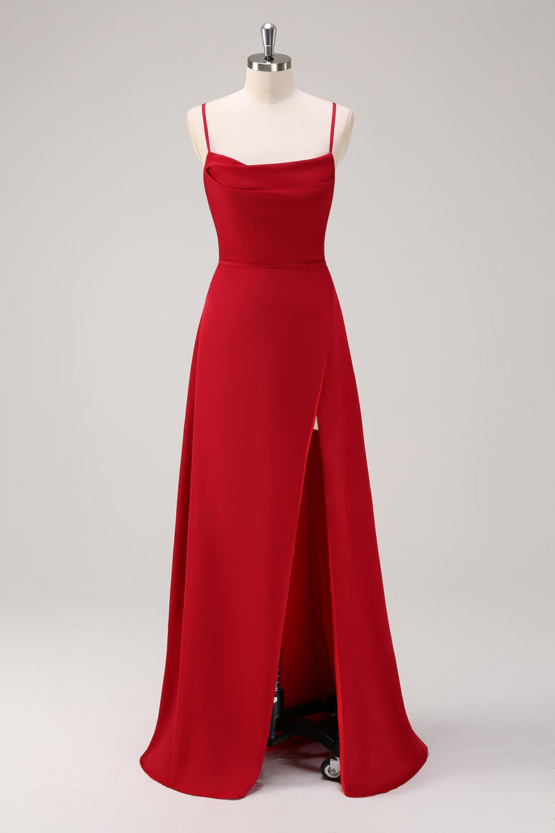 Load image into Gallery viewer, Burgundy A Line Spaghetti Straps Backless Satin Long Bridesmaid Dress with Slit